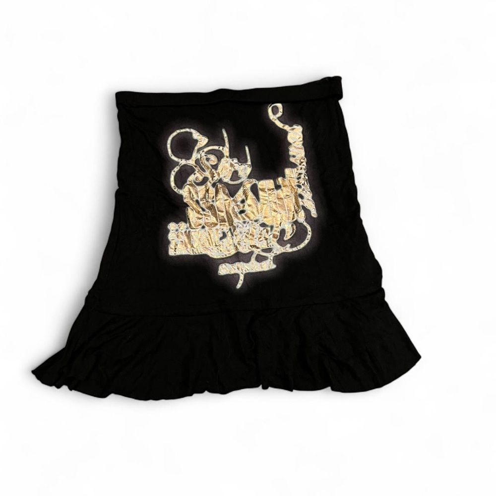 Zara ‘sensual’ black y2k mini skirt vtg gold graphic